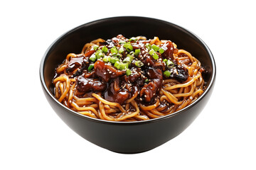 Bowl of Jajangmyeon noodles with beef in blackbean sauce, topped with scallions and sesame seeds, isolated on white background, concept of Asian cuisine