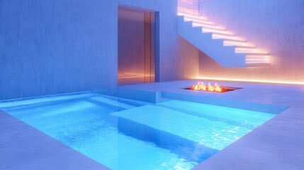 Fototapeta premium Vibrant modern pool area, sleek geometric designs, neon lights reflecting in water, relaxing space ideal for summer gatherings.