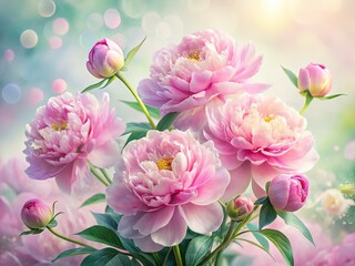 Obraz premium Surreal Watercolor Pink Peonies Bloom, Gentle Flowers