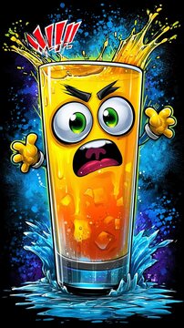 Cartoon character expression of surprise in vibrant juice splash artwork