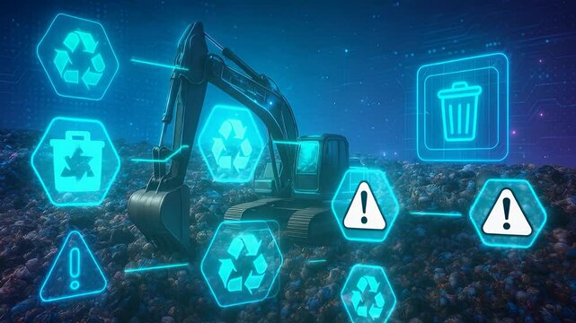 Excavator Working in Landfill with Glowing Recycle and Trash Icons Representing Waste Management, Cleanup and Environment Alert

