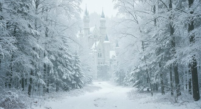 Snowy forest path leading to a castle