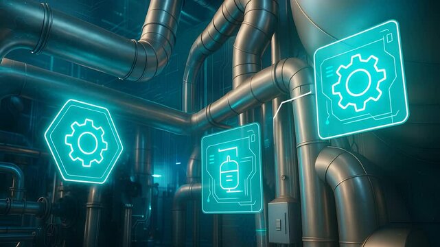Industrial Metal Pipe System with Glowing Gear Icons Representing Smart Manufacturing, Factory Automation and Process Control


