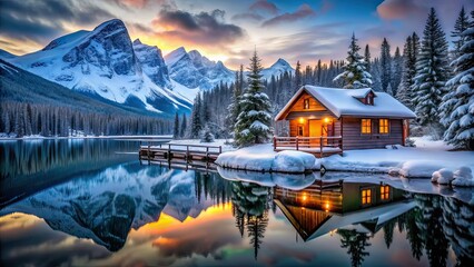 Fototapeta premium Cozy Mountain Cabin Dusk Reflection - AI Photo