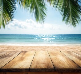 Wooden table top overlooking a beach scene with palm tree leaves framing the image