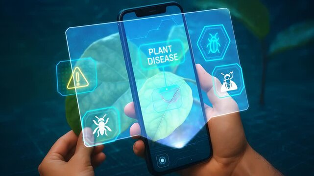 Smartphone Scanning Leaf with Plant Disease Warning and Pest Detection Icons Representing Modern Agriculture and Crop Health

