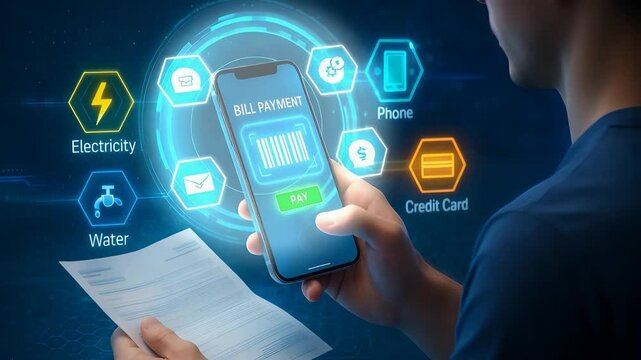 Man Holding Smartphone for Bill Payment with Utility Icons Representing Digital Transaction, Mobile Finance and E-Payment

