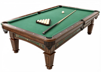 American pool billiard table with a cue and balls isolated on a white background. Top view illustration