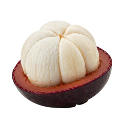 Mangosteen fruit arranged naturally, whole and opened, isolated on transparent background, ideal for tropical diet promotions, fruit market ads, and Southeast Asian produce content.