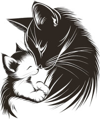 Peaceful Sleeping Mother Cat and Kitten in Elegant Line Drawing Style
