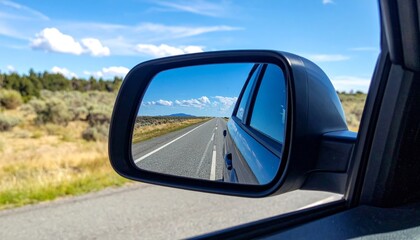 Fototapeta premium Trucks side mirror reflecting endless road ahead, symbolizing freedom