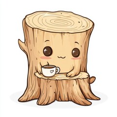 Cute Cartoon Style Tree Stump Character with Coffee Mug in Hand