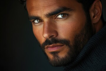 Obraz premium Close-up portrait of a man with intense brown eyes and a well-groomed beard, exuding confidence and charisma.