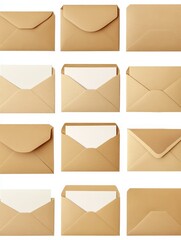 Collection of brown envelopes with and without white cards on a white background studio shot flat lay style