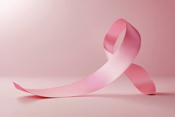 A pink ribbon standing on a pink surface with a soft pink background and light shining on it
