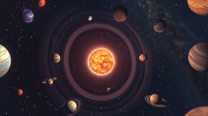 Majestic Solar System with Bright Sun and Orbiting Planets in Space