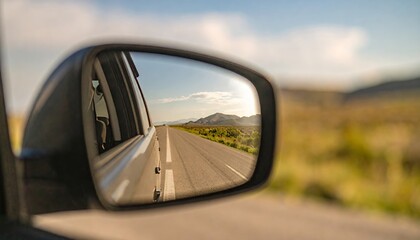 Fototapeta premium Trucks side mirror reflecting endless road ahead, symbolizing freedom