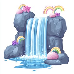 Colorful Waterfall with Rocks, Flowers, and Rainbows in Cartoon Style