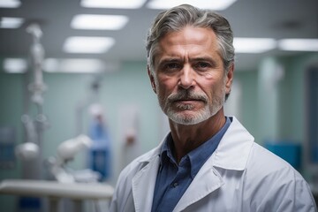 Amidst the sterile confines of a hospital room, a distinguished doctor stands with a sense of unwavering dedication etched on his face