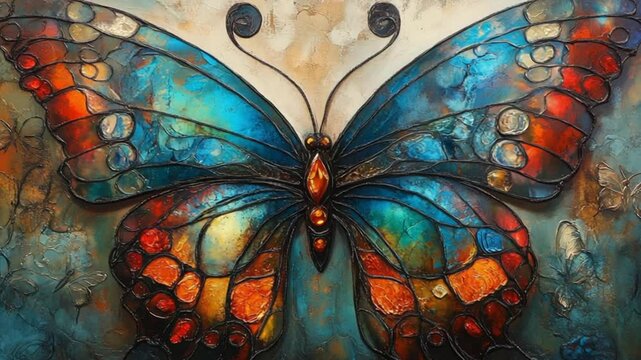 Vibrant stained glass butterfly artwork showcasing intricate colors and textures, perfect for decor