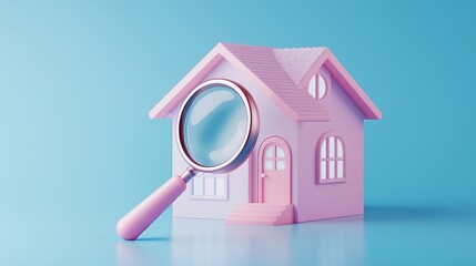 Pink miniature house scrutinized by magnifying glass.