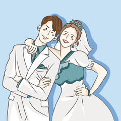 cute character vector illustration of a married couple in a unique and simple wedding dress