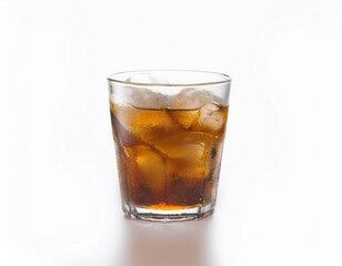Refreshing Iced Brown Soda Drink in a Glass with Ice Cubes on White Background