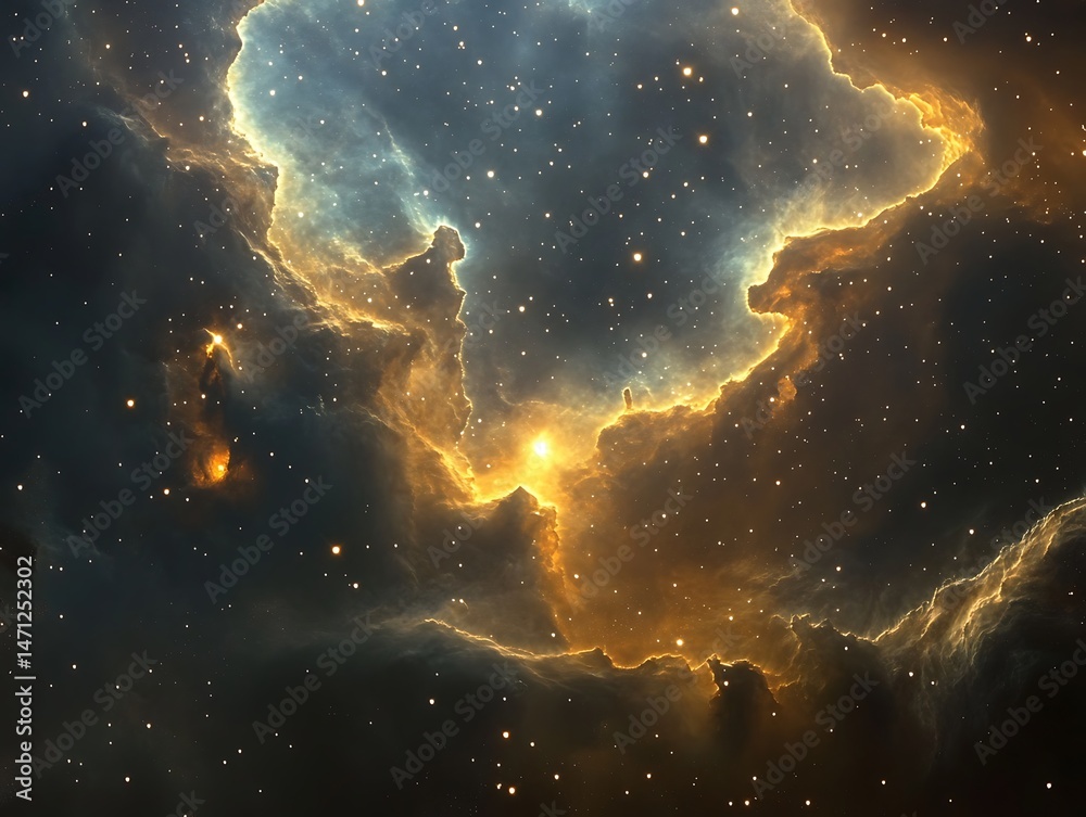 Poster a majestic star-forming region with dynamic light patterns and glowing cloud textures.