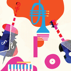 Colorful Abstract Music Instruments Background, Modern Jazz Art Style Vector