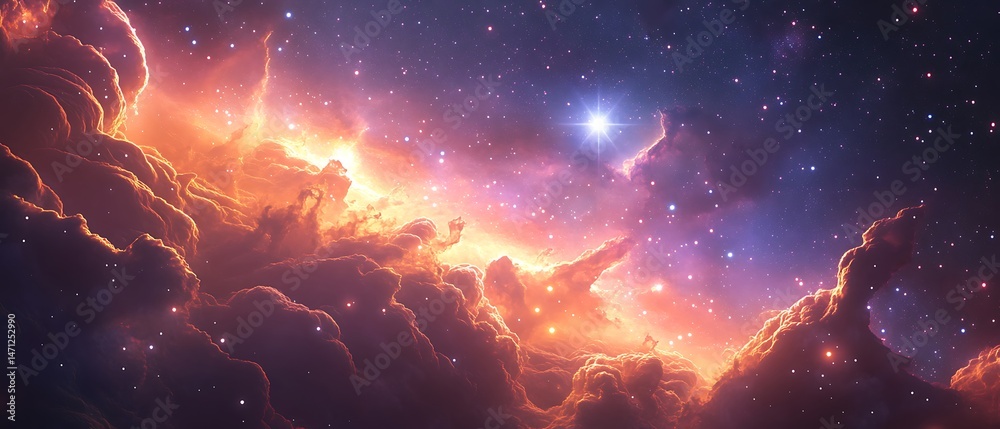 Poster a majestic star-forming region with dynamic light patterns and glowing cloud textures.