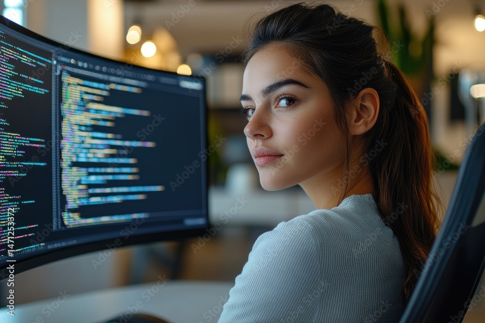 Aufkleber A young woman programmer is focused on her code displayed on a large curved monitor.