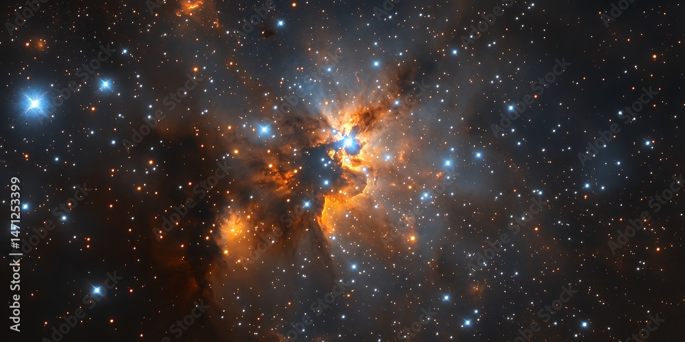 Poster a majestic star-forming region with dynamic light patterns and glowing cloud textures.