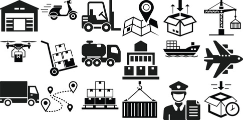 Logistics and delivery icons depicting various transportation methods and global shipping processes