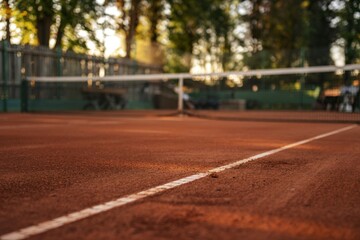 A photograph of a close-up corner of a vibrant red clay tennis court