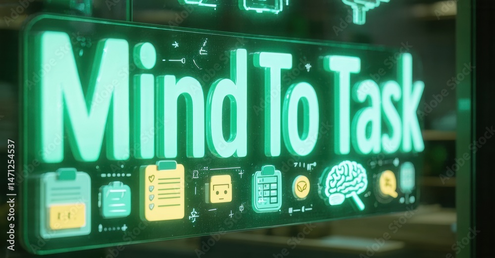 Poster bright neon sign displays mind to task. icons below text suggest productivity, organization, problem
