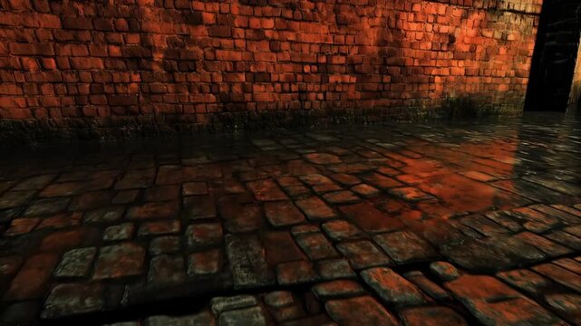 Rain-soaked cobblestone street glows warmly under flickering orange-red lights.
