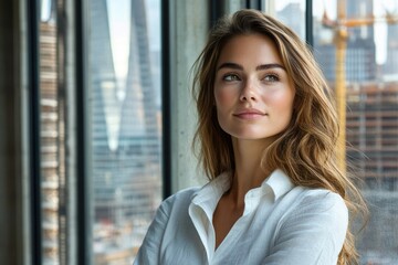 Fototapeta premium A young woman with long brown hair, wearing a white shirt, gazes thoughtfully out a window overlooking a cityscape.