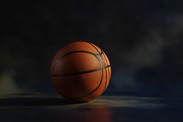 Fototapeta premium A basketball resting on a dark surface with a smoky background in a dramatic lighting style