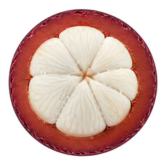 Close-up of mangosteen fruit cut open to reveal juicy white sections, isolated on transparent...