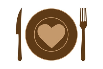 Restaurant Dining Icons –  Heart, Plate with Cutlery Silhouettes