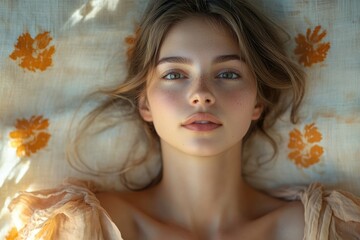 Fototapeta premium A young woman with freckles lies on a floral patterned fabric, gazing directly at the camera.