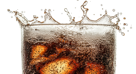 Png of A refreshing glass of fizzy soda with ice cubes splashing, perfect for a hot day.