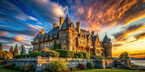 Fototapeta premium Vancouver Island Castle Long Exposure, Historic Fortress, Blue Sky