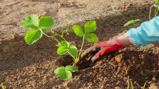 A person plants strawberry sprouts in the ground. Spring gardening. Gardening and horticulture concept.