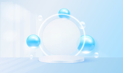 Cosmetic podium display with transparent disc and bubble, glow curve line. Stage pedestal platform. Ads cosmetics beauty skincare product. Studio blue realistic 3d luxury minimal style. Vector design.