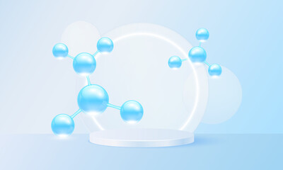 Cosmetic podium display with transparent disc and molecular atom, glow curve line. Stage pedestal platform. Ads cosmetics beauty skincare product. Realistic 3d luxury minimal style. Vector design.