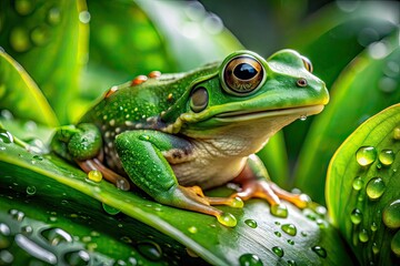 Fototapeta premium Vibrant Frog Macro, Lush Foliage, Water Droplets