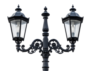 Elegant Ornate Lamp Post with Double Lights, Transparent Background