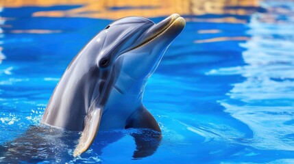 Dolphin Swimming in Clear Blue Water Looking Up with Expression