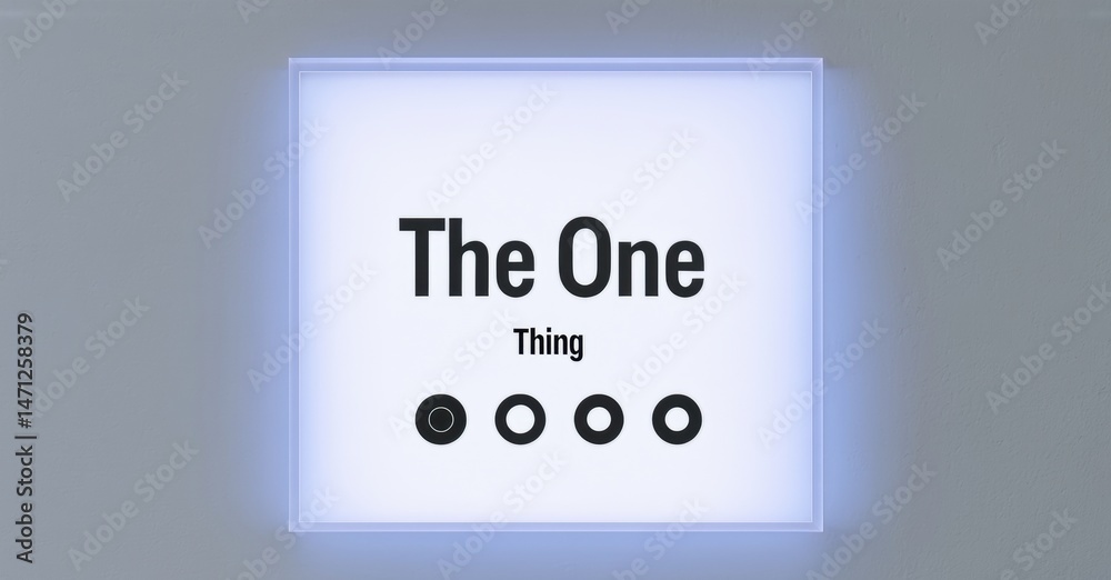 Leinwandbilder white square display shows text the one thing above four dots. background is gray, simple presentati